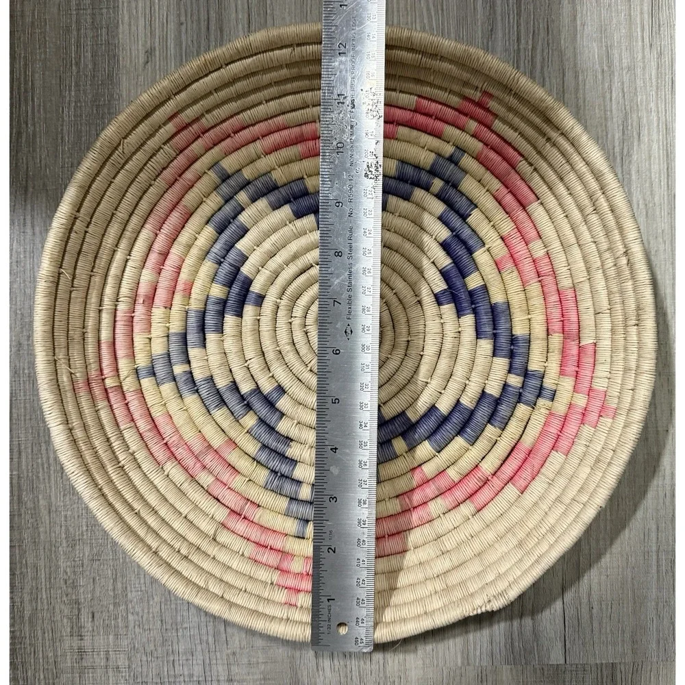 Handmade Woven African Coiled Basket Wall Decor Pink Blue Star Petal Boho